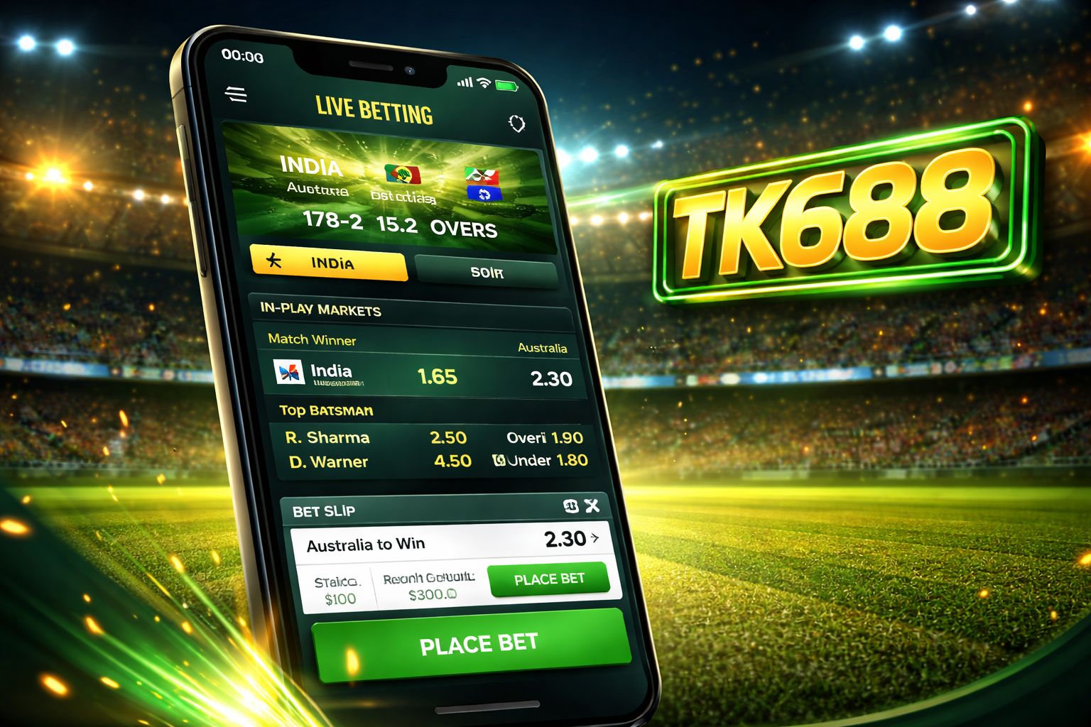 TK688 Betting platform showing live cricket odds and match markets on mobile screen