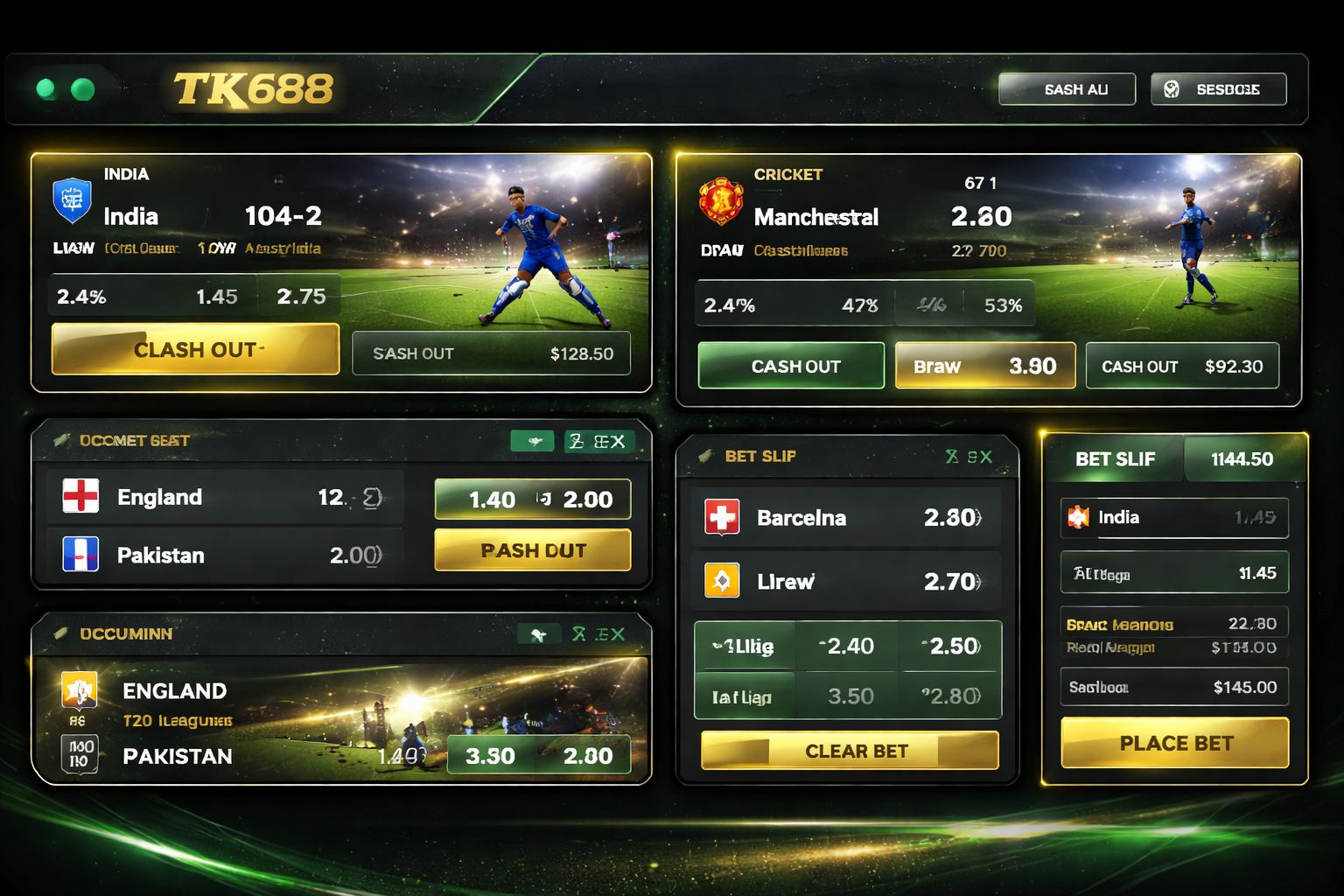 TK688 in-play betting dashboard displaying live cricket and football wagering markets